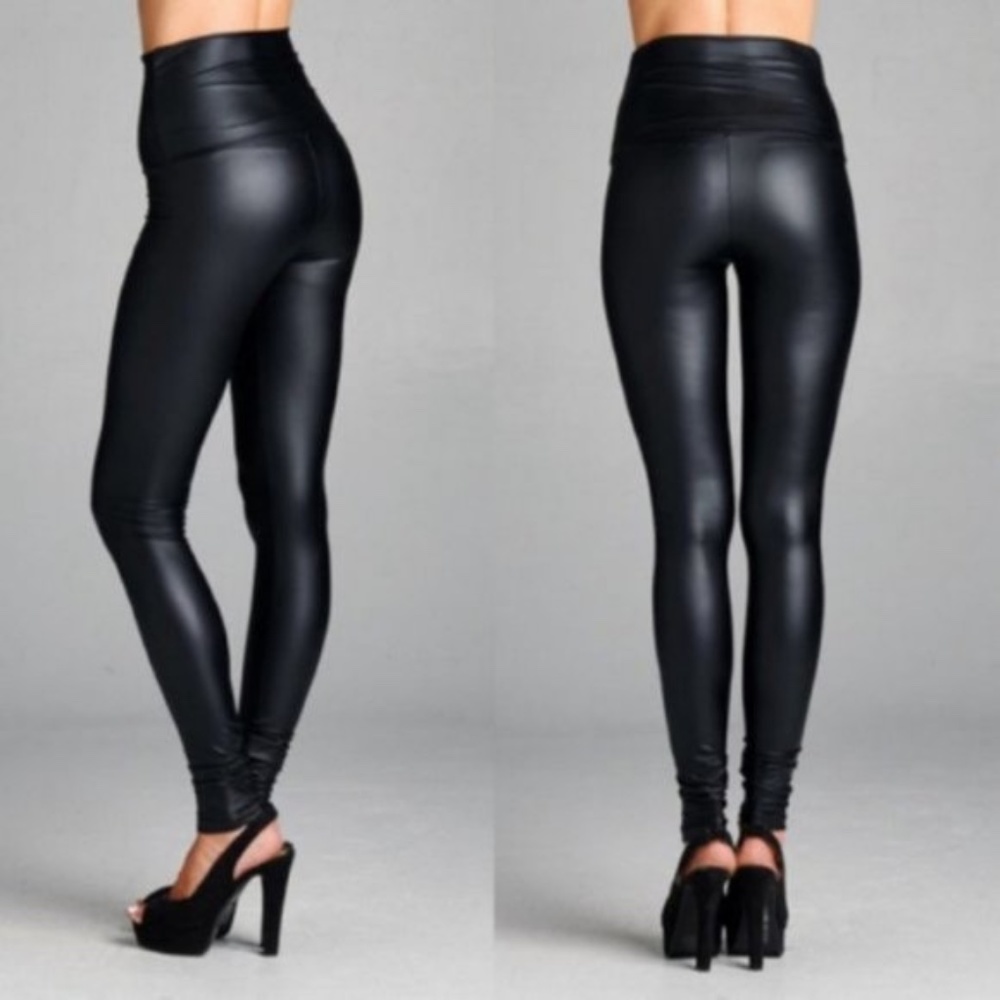 Black Faux Leather High Waist Leggings - Picture 3 of 4